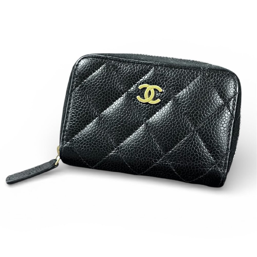 Chanel Zip Coin Purse Black Caviar Leather Matelasse Case Wallet